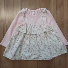 重ね着風花柄長袖Tシャツ 100 ビケット ピンク