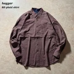 haggar BD plaid shirt L/Sミニチェック古着パープル美品