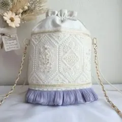 36 インド刺繍 巾着バック ショルダーバック サコッシュ　ホワイト パープル