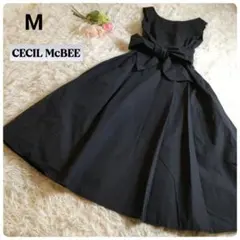 【良品】セシルマクビー　ウエストリボンノースリーブコットンワンピース　Мブラック