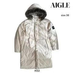 エーグル　AIGLE ホワイト ダウンジャケット フード付き　サイズ38 H32