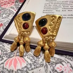 ヴィンテージ　カラフルゴールド イヤリング　扇形
