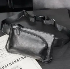 メンズPUレザー斜めがけ胸バッグ 黒 韓国風ウエストポーチ通勤