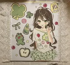 手描きイラスト 原画 色紙 女の子 クローバー ガーリー 平成レトロ