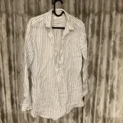 美品　UNIQLO 長袖シャツ M 白と青のストライプ　麻100% リネンシャツ