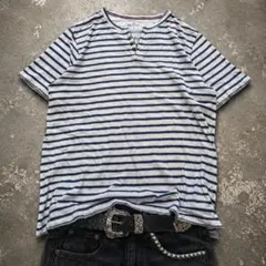 Y2K Border Layered Henley Tee　短丈　ヘンリーネック