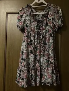 レストローズ紺色地花柄 半袖 ひざ上ワンピースキャミソール付