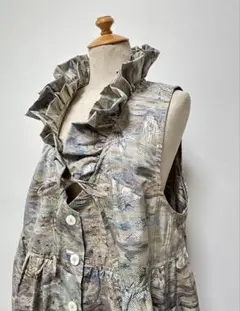 新品未使用 白大島紬＊ダブルフリル襟ロングチュニック＊着物リメイク＊ロングベスト