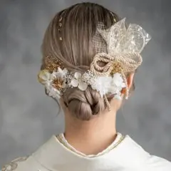 成人式　振袖　髪飾り　着物金箔ヘッドドレス水引卒業式白金ゴールドヘアパーツリボン