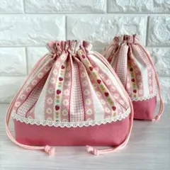 お弁当袋&コップ袋　いちご　花柄　チェック　水玉　苺　給食袋　巾着袋　入園入学