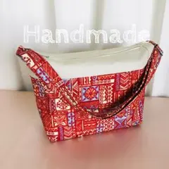 ファスナー付きシンプルショルダーバッグ(赤/グレー)＊ハンドメイド