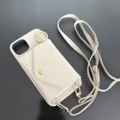iPhone14 ショルダー　ケース　レザー調　ベージュ　鏡付き　カード