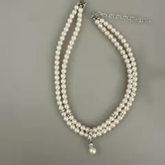 2連パールネックレス クリスタルビーズ付き