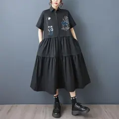 大人気▲前ボタン 切り替え シャツロングワンピース おしゃれ度高め レトロ