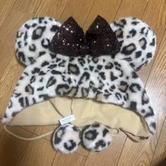 ヒョウ柄ファンキャップ　茶色　スパンコールリボン付き