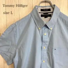 【TOMMY HILFIGER】半袖BDシャツ 刺繍ロゴ ブルー Lサイズ