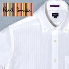 【美品】Paul Smith 半袖ドレスシャツ B.D白 シャドーストライプ Lのサムネイル