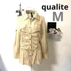 【美品A】qualite トップス 長袖 ストライプ フリル レディース M