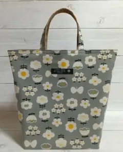ハンドメイド シンプル手提げバッグ 可愛いお花 グレー