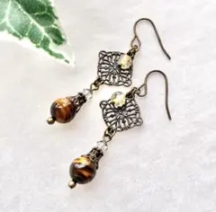 CP911天然石タイガーアイとシトリンのピアス　金古美