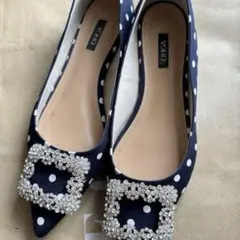 ohgaネイビー ドット柄 フラットシューズ ビジュー付き 23.5センチ