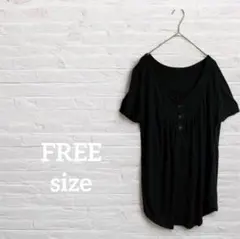 即日発送‼︎【FREE】黒 半袖 Tシャツ ボタン付き Vネック