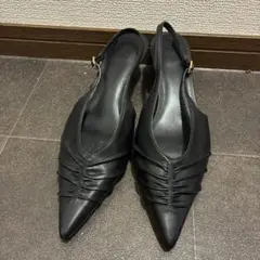 ブラック ポインテッドトゥ スリングバックシューズ ミュール サンダル パンプスのサムネイル