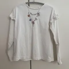 アリスモチーフネックレス刺繍長袖Tシャツ　メゾピアノ　白　ホワイト