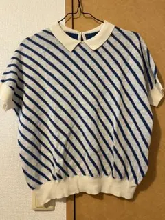 POUDOUDOU　白と青のストライプ ポロニット サマーニット 半袖のサムネイル