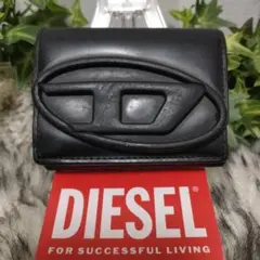 DIESEL 三つ折り財布 ブラック Dロゴ レザー ディーゼル 財布 黒革男女