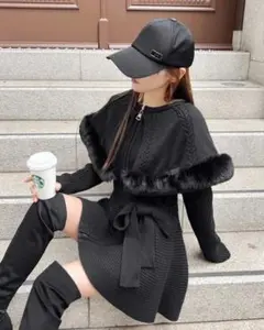 Rady ファー付き ニットワンピース ブラック