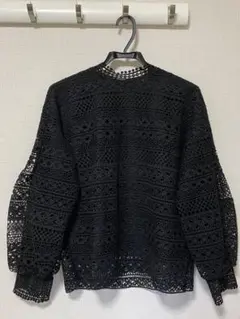 黒レース 長袖黒ブラウス NAVY