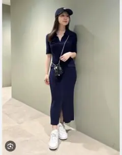 SNIDEL スキッパーニットワンピース ネイビー