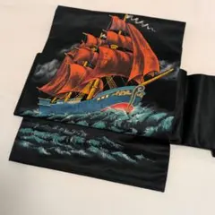 名古屋帯 手描き赤い帆の船 作り帯　ワンタッチ帯