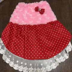 犬服 ドレス　ピンクと赤のドット柄 フリル付き