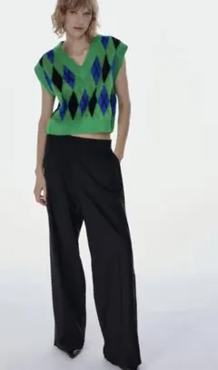 ZARA アーガイルニットベスト　size S 新品　グリーン