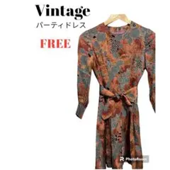 90s ヴィンテージ 古着 個性的 総柄 派手色 パーティ ワンピース ミモレ丈
