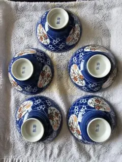 青色花柄陶器飯碗5個セット