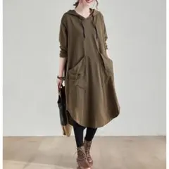 XL ワンピース カーキ パーカー 長袖 ワンピ フード ロング ゆったり