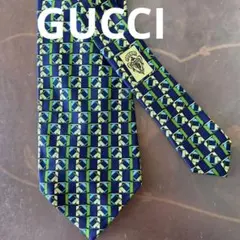 GUCCI 幾何学模様 ネクタイ ネイビー/グリーン 幅9.5　N