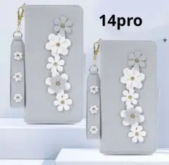 IPhone14pro おしゃれ カード収納 花モチーフ付き 手帳型ケース