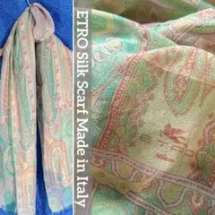 ETRO エトロ　緑大判シルクスカーフ　ストール　ペイズリー　イタリア　ダマスク