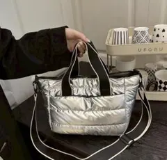 キルティング シルバー 2WAYバッグ 軽量 ハンドバッグ ショルダー ナイロン