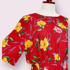 vintageヴィンテージワンピース花柄レッド赤系ノーカラーレトロUSA海外古着