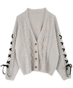 axes femme 編み上げ袖ニットカーディガン ベロア紐 白