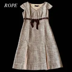 ROPE Aライン ワンピース サマーツイード ウエストビジュー付きベルト 9号