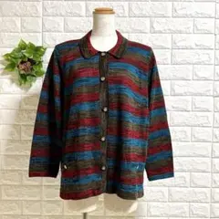 a973 昭和レトロマルボーダー柄カーディガン 金ボタン ショールカラー