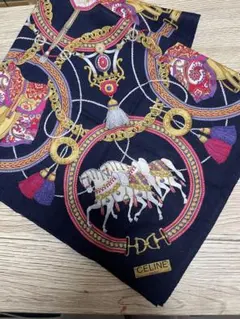 CELINE 馬刺繍 ネイビー 大盤ハンカチ　スカーフ