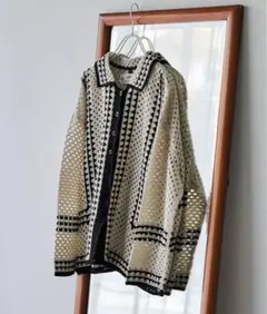 【値下げ】ピュアルセシン　配色カギ針編み風襟付きカーディガン