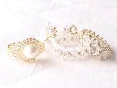 ビーズ リング ♢ ゆびわ 透明感ゴールド パール 花 セット
